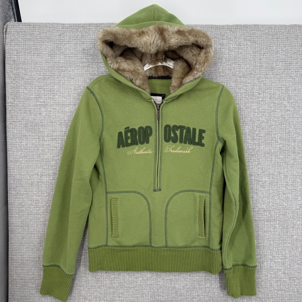 Vintage Aeropostale Faux Fur Hooded Pullover Women L‎ Green Y2K Indie Gorpcore